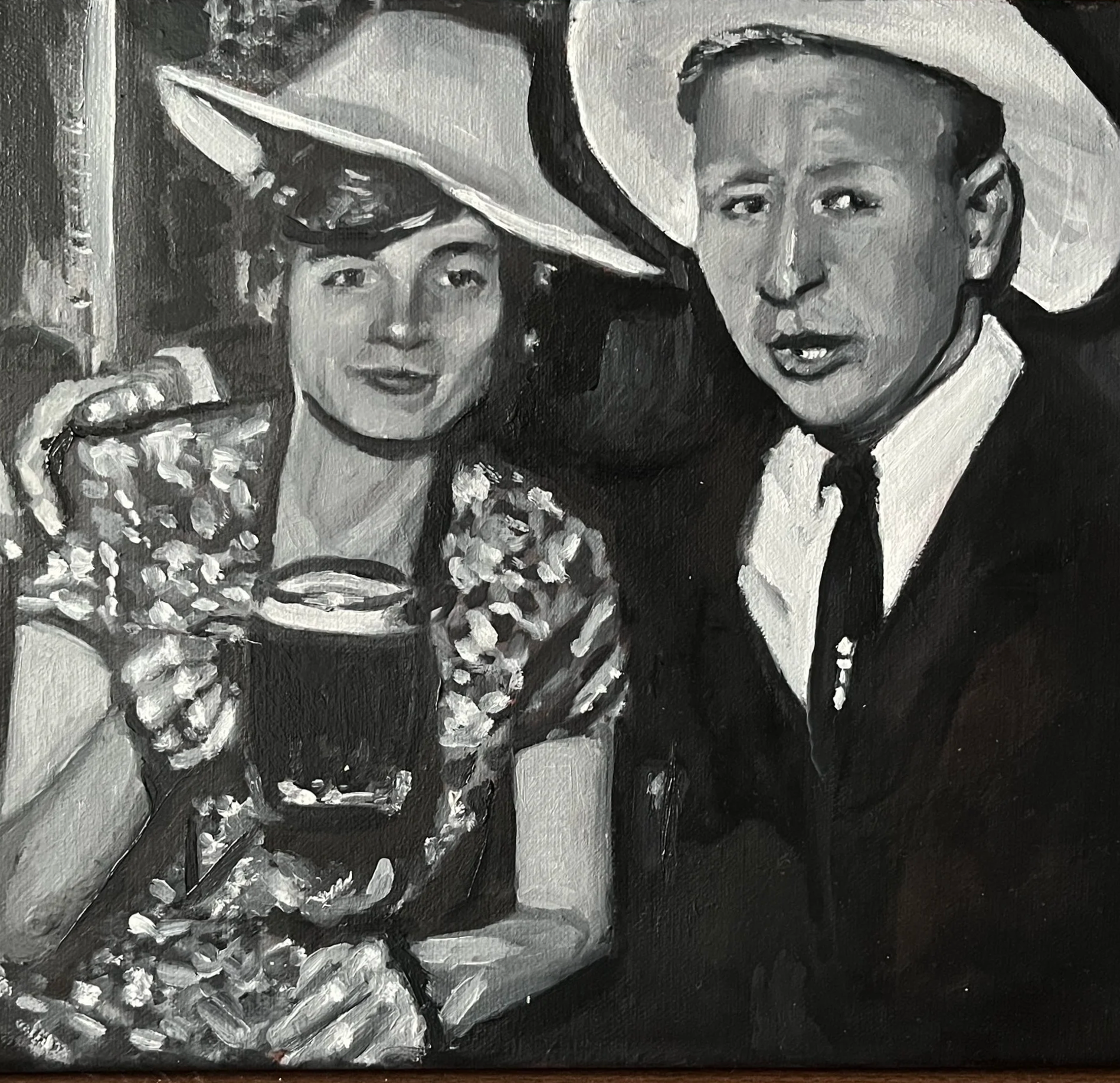 Black and white painting of a woman holding a glass of soda and a man wearing a large hat.