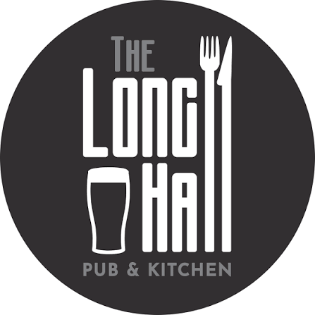 Logo for The Long Hall Pub & Kitchen featuring stylized fork and knife next to the text.