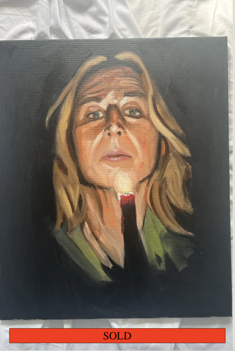 A portrait painting of a woman with blond hair holding a lit matchstick close to her face, illuminating her features. The painting has a dark background and her expression appears contemplative.
