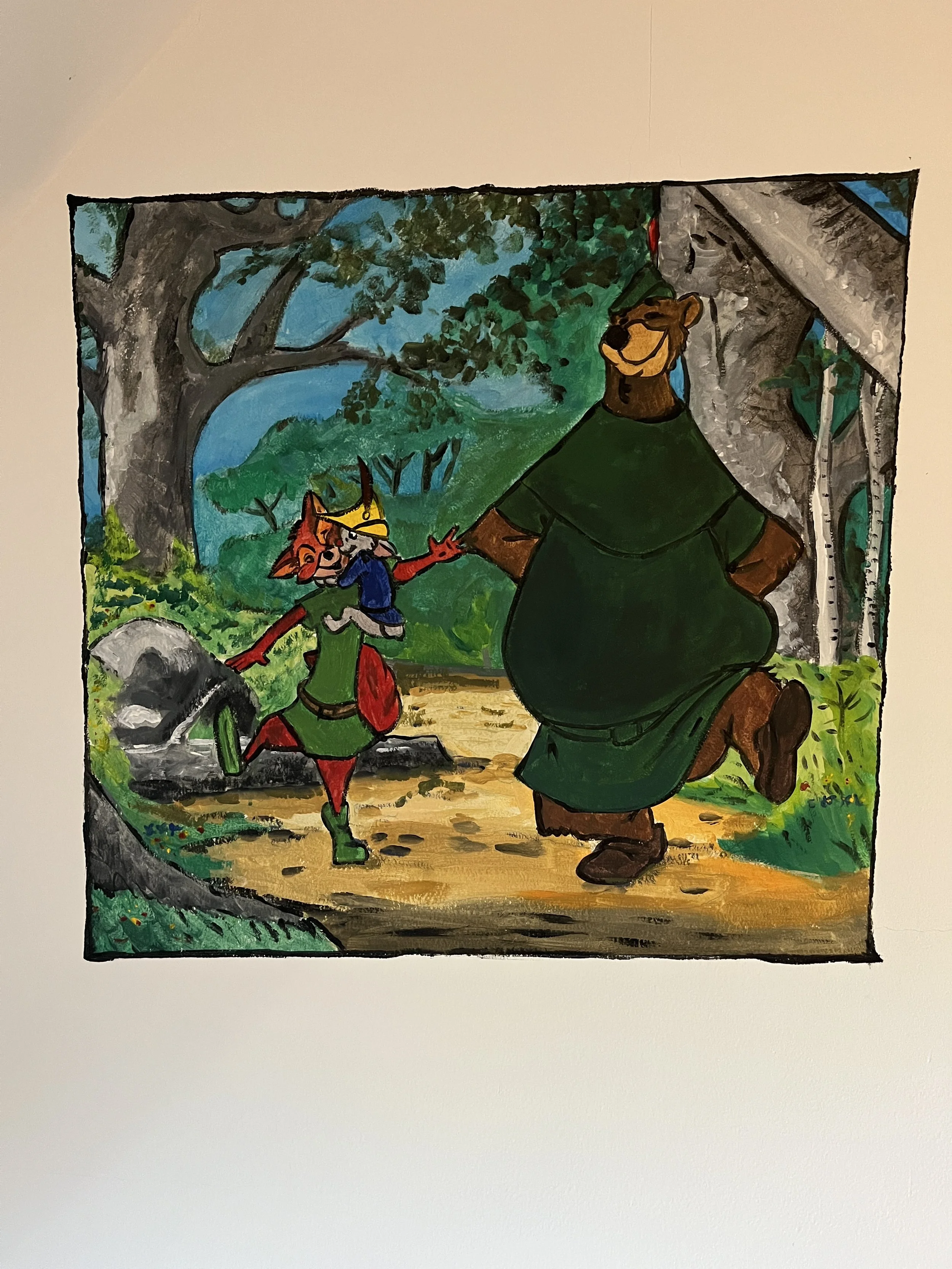 Colorful illustration of a fox and a bear in a forest, singing and dancing together.