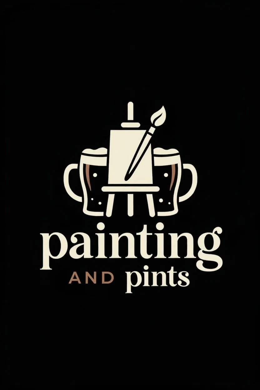 Logo with a painter's easel, a paintbrush, a candle, and two pints of beer, with the text 'painting and pints'.