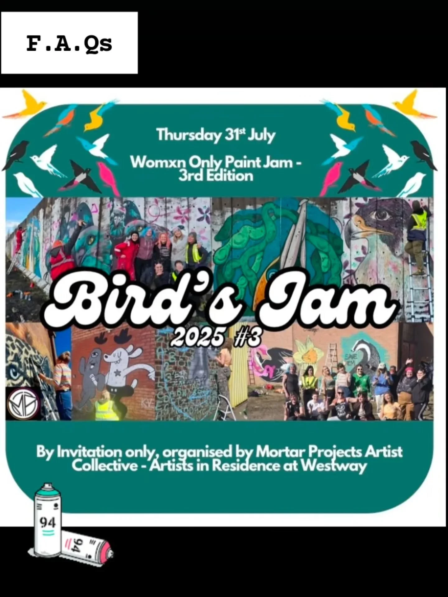 Answering a few FAQs! 

Where is Bird's Jam? 
This one is at Westway in Renfrew (but we do paint in other areas)

Why is it on a Thursday?
Some of our womxn have childcare responsibilities evenings and weekends, so we like to offer a weekday option. 
