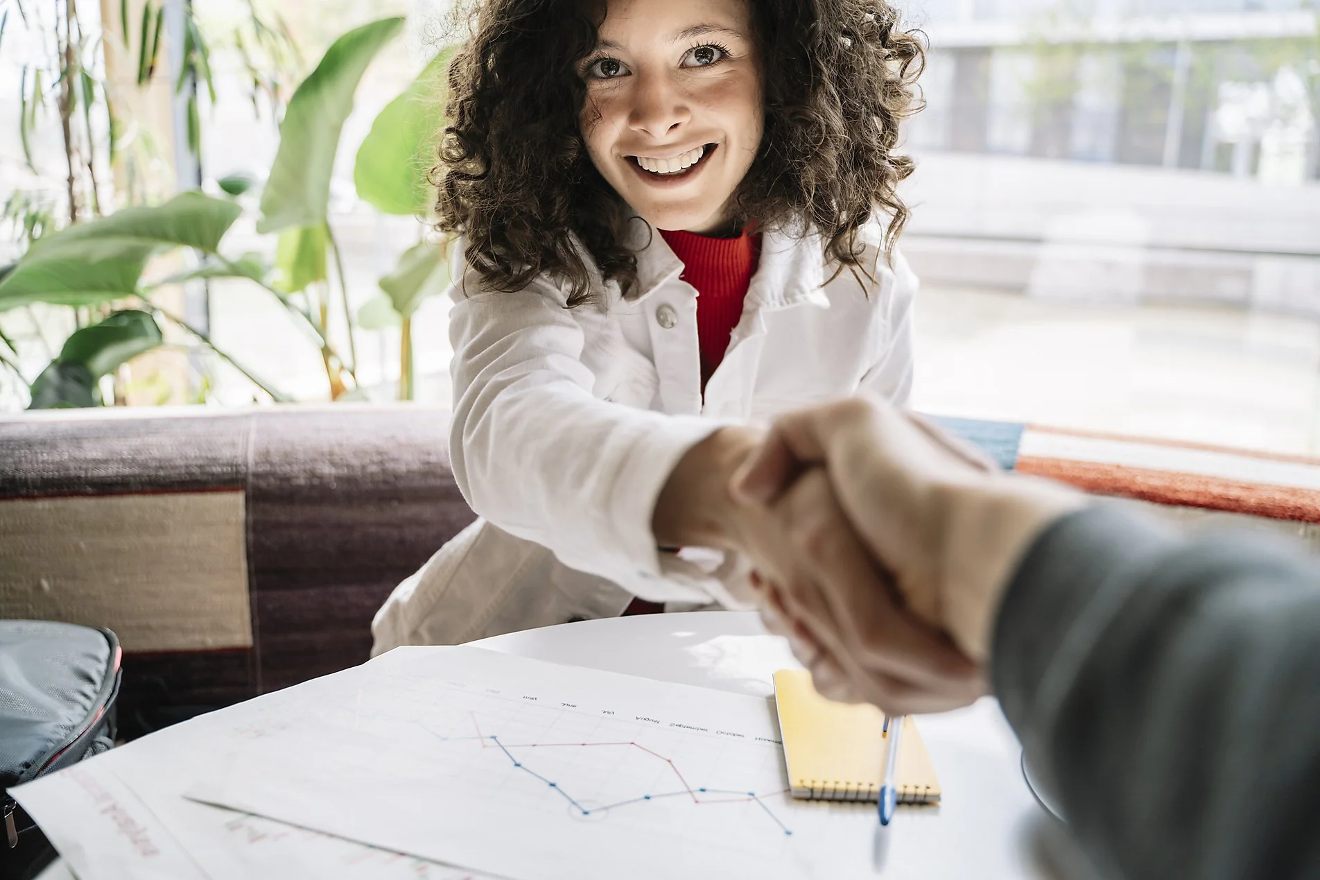 A woman with curly hair smiling and shaking hands with a person across a table, in a bright room with plants and window, with a business graph and notebook on the table.