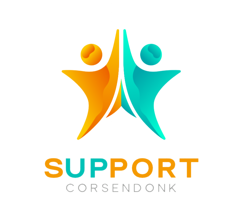 Abstract logo of two stylized human figures, one orange and one teal, high-fiving, with the words 'Support Corsendonk' below.