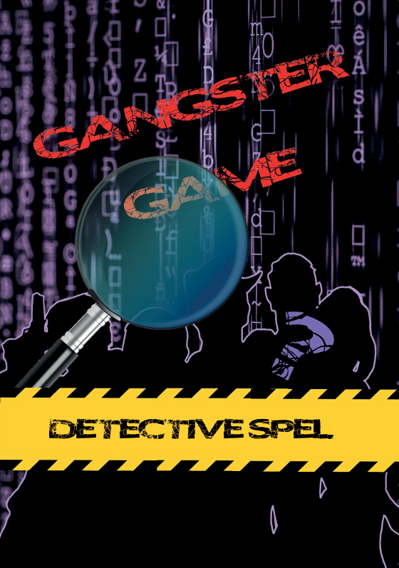 Illustratie van een detective spel met een vergrootglas, silhouetten van mensen, en de woorden 'CANCELSERK' en 'CAME'.