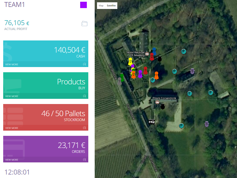 Kaart met verschillende gekleurde punten en iconen, naast een dashboard met financiёle gegevens en voorraadstatus, gelegen in een groene, bosrijke omgeving.