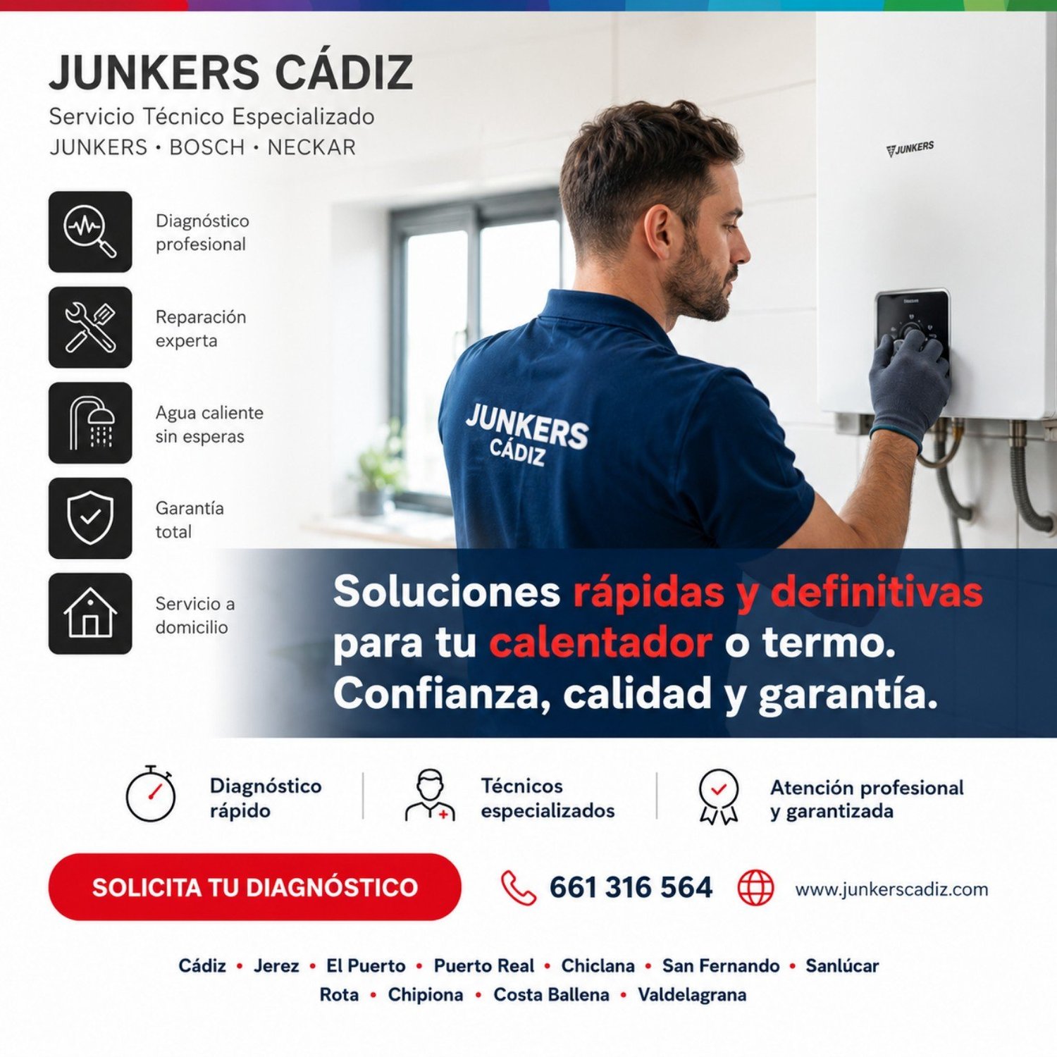 Servicio Técnico calentadores Junkers Bosch Neckar en Bahía de Cádiz, Campiña de Jerez y Costa Noroeste.