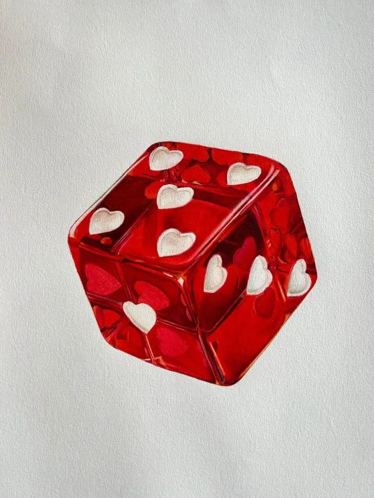 Red acrylic dice with white heart-shaped pips on a plain light background.