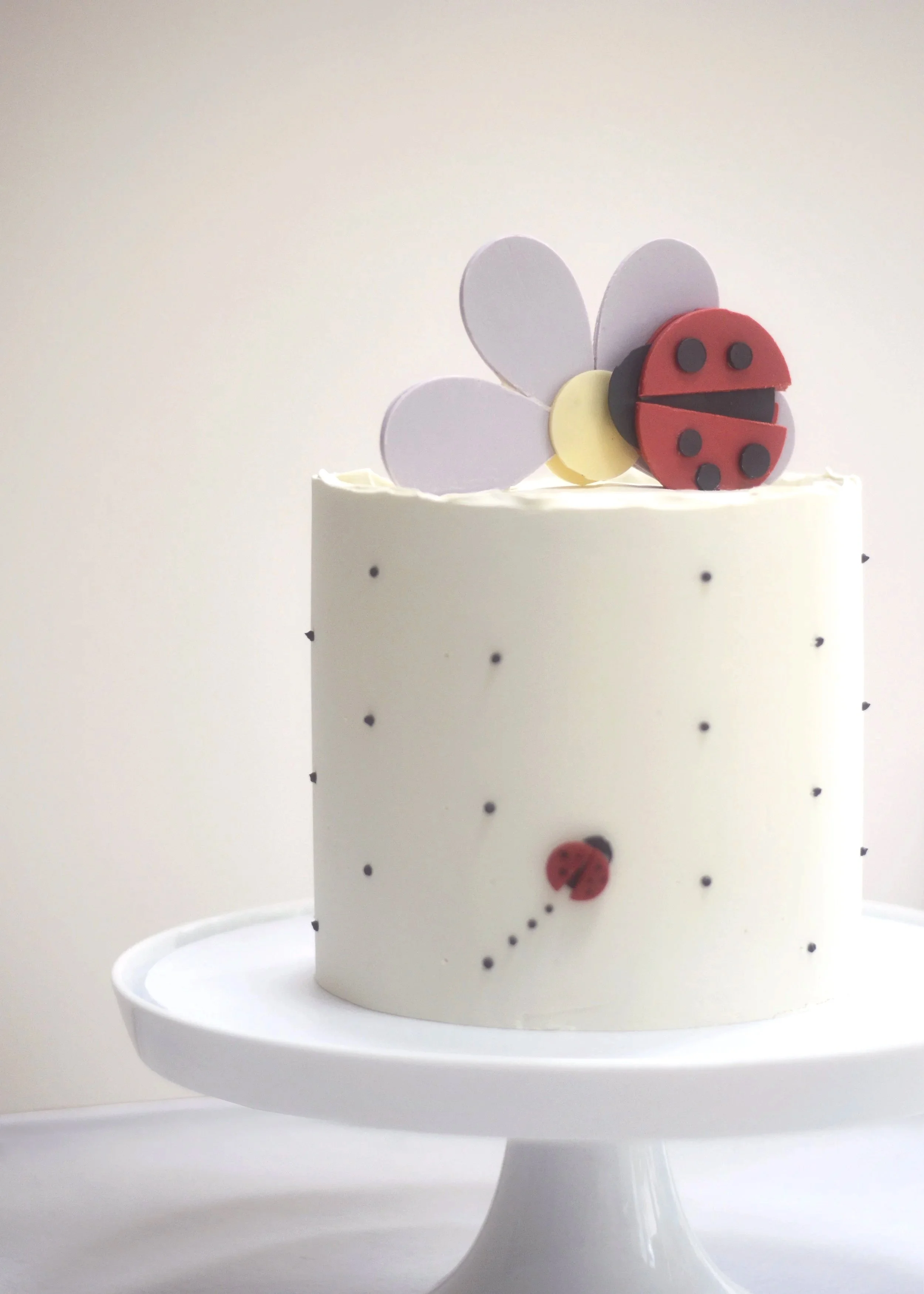 Side view of handcrafted buttercream cake, bespoke ladybug design, Floc Bakes Cheshire