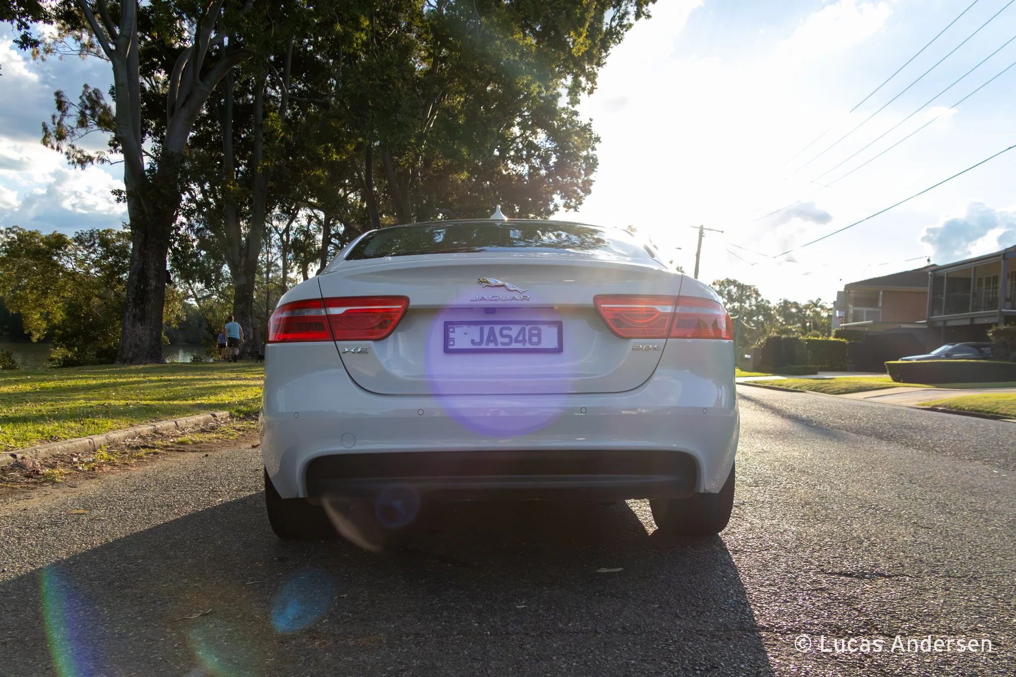 Rear view of a white Jaguar XE car parked on a residential street during sunset, with trees and power lines in the background.