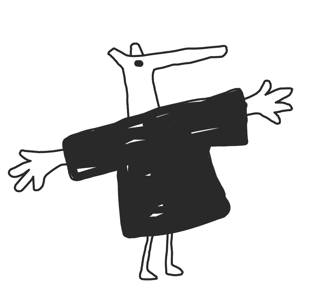 Een simpele tekening van een grappig gekleed dier met een lijf en hoofd, en armen en benen die uitsteken. Skill School