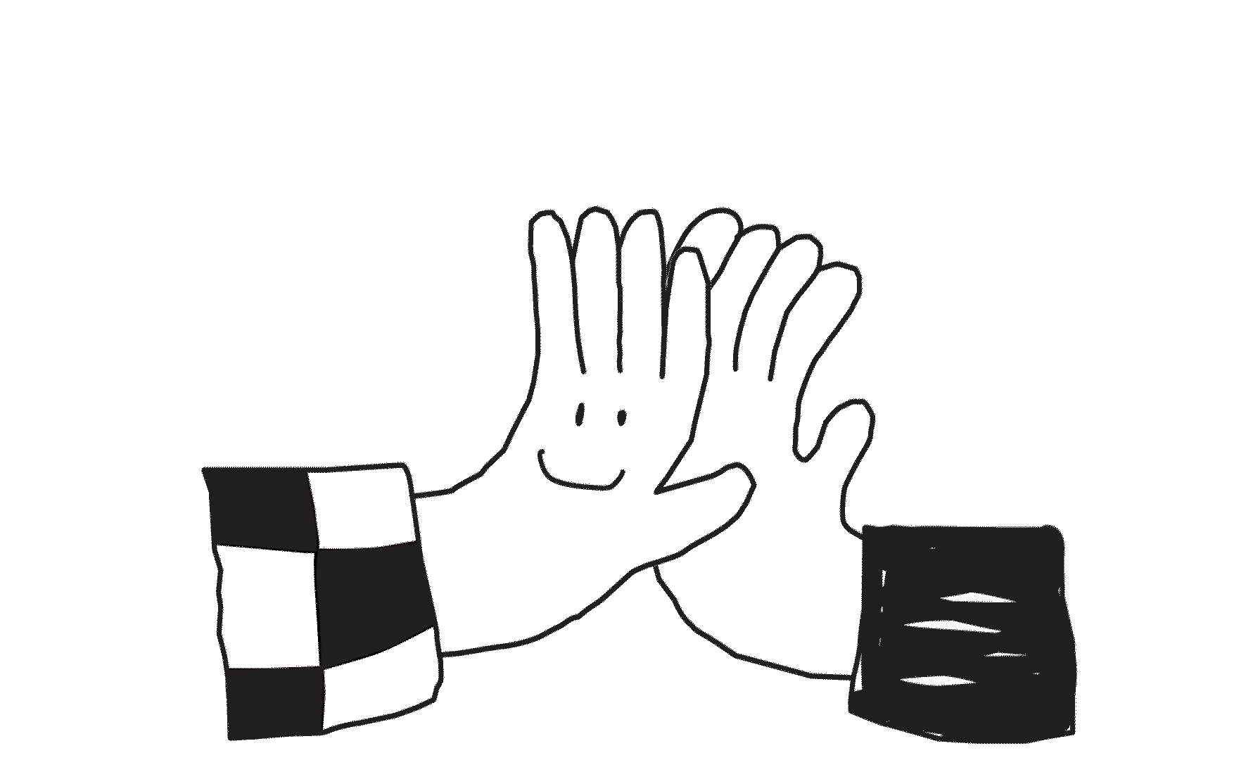 Tekeningen van twee handen die elkaar high-fiven, met één hand met een smiley gezicht en een geruit patroon op de mouw. Skill School