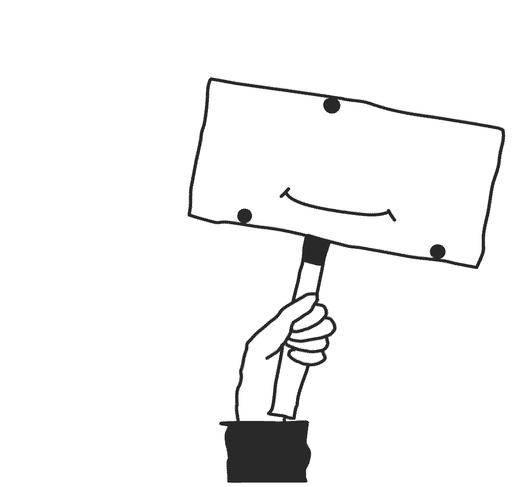 Een getekende hand die een gezicht op een bord vasthoudt, met een glimlach en vier stippen die de schroeven op het bord voorstellen. Skill School Ede.