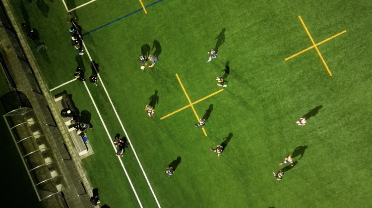 Vanuit een hoge hoek gezien, mensen die op een grasveld sporten, met gele en blauwe markeringen, naast een gebouw met een glazen gevel. Skill School leerlijn reset in Leiden.