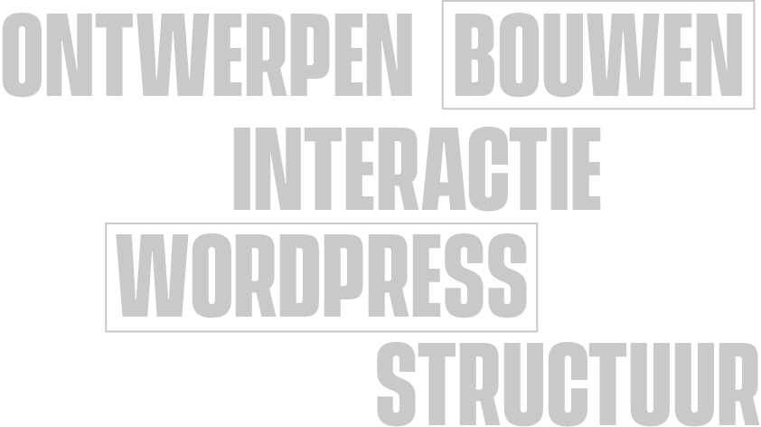 Een woordwolk met termen als ontwerpen, bouwen, interactie, WordPress en structuur. Van Skill School.