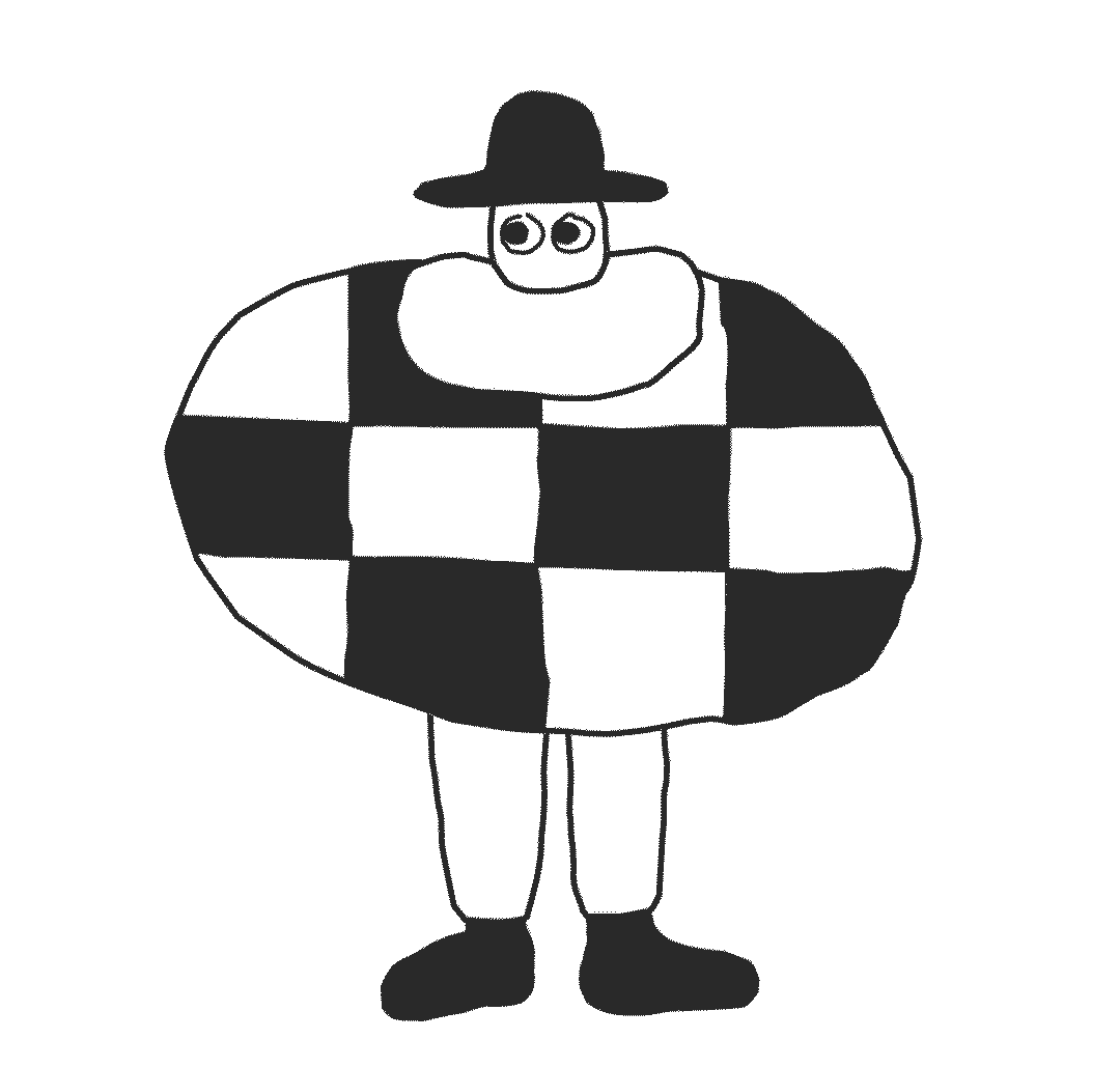 Een schematische tekening van een man met een grote, ronde buik, gekleed in zwart-witte vierkante patroon kledij, een hoed en schoenen, met een eenvoudige gezichtsschets. Skill School Ede.