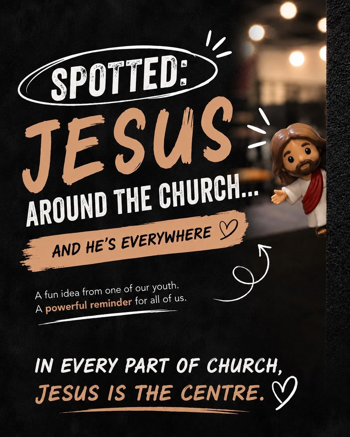 Spotted around church&hellip; 👀

One of our young people decided to hide a mini Jesus around the building and capture him in all sorts of places. 😂

It gave us a good laugh&hellip; but also a powerful reminder.

In every conversation.
In every act 