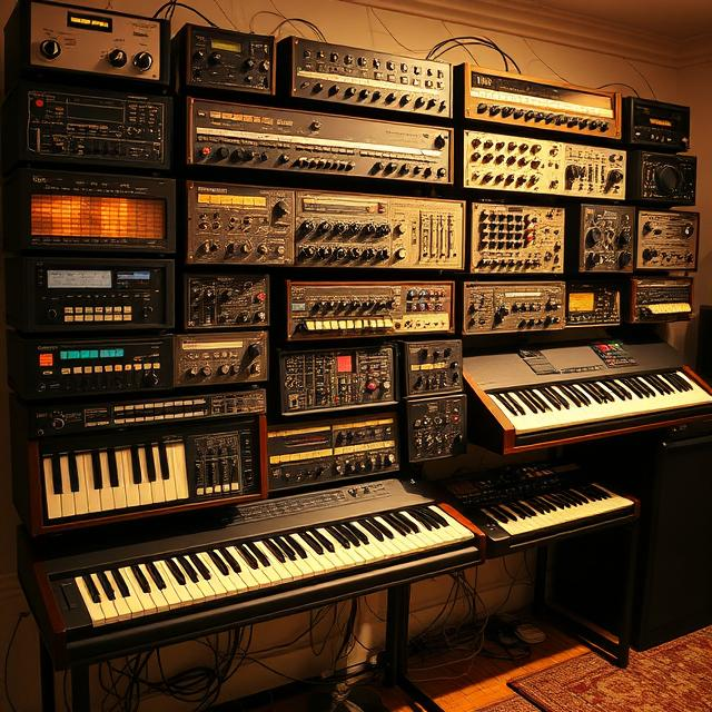 A wall filled with vintage audio equipment, including synthesizers and various audio processing devices, surrounded by electric keyboards and other electronic musical instruments.