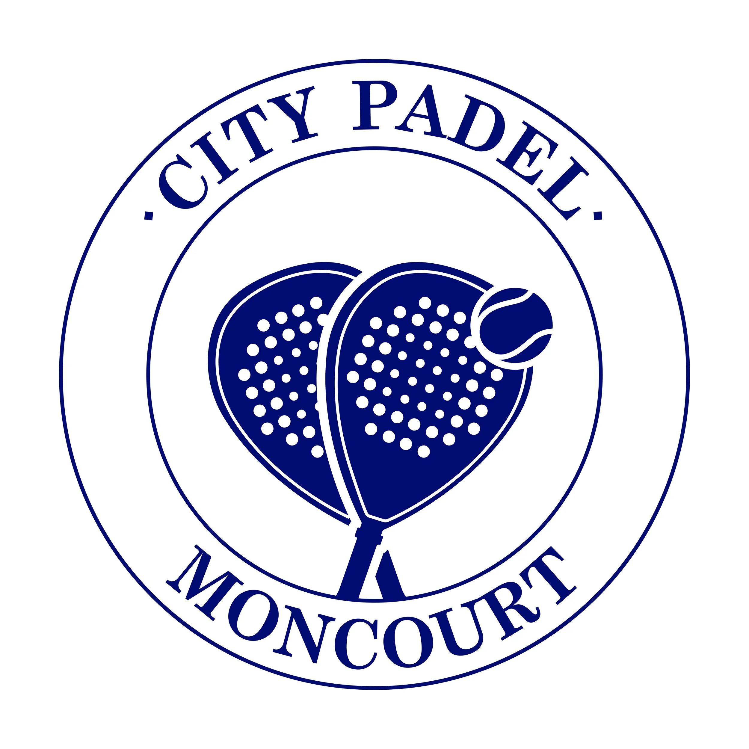 Logo du club de padel de la ville de Moncourt, comprenant deux raquettes de padel et une balle de padel, entouré du texte 'City Padel Moncourt'.
