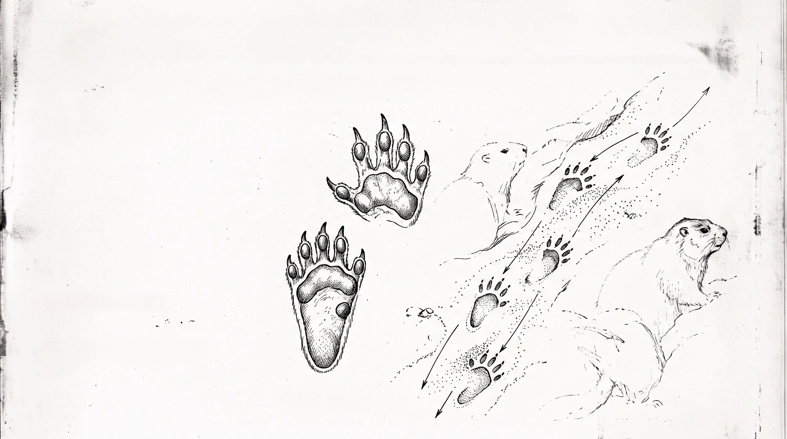 Sketch of animal tracks including paw prints and footprints, and a drawing of a small animal, possibly a rodent, on a rough terrain.