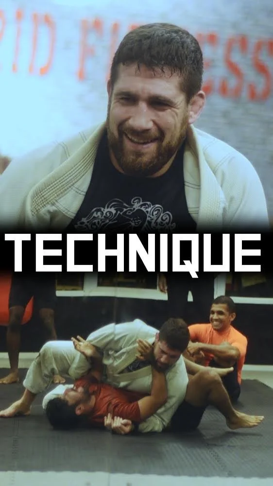 Two men practicing Brazilian Jiu-Jitsu technique in a gym, with one man wearing a gi holding the other in a ground position, while a third person smiles and watches. The word 'TECHNIQUE' is overlaid on the image.