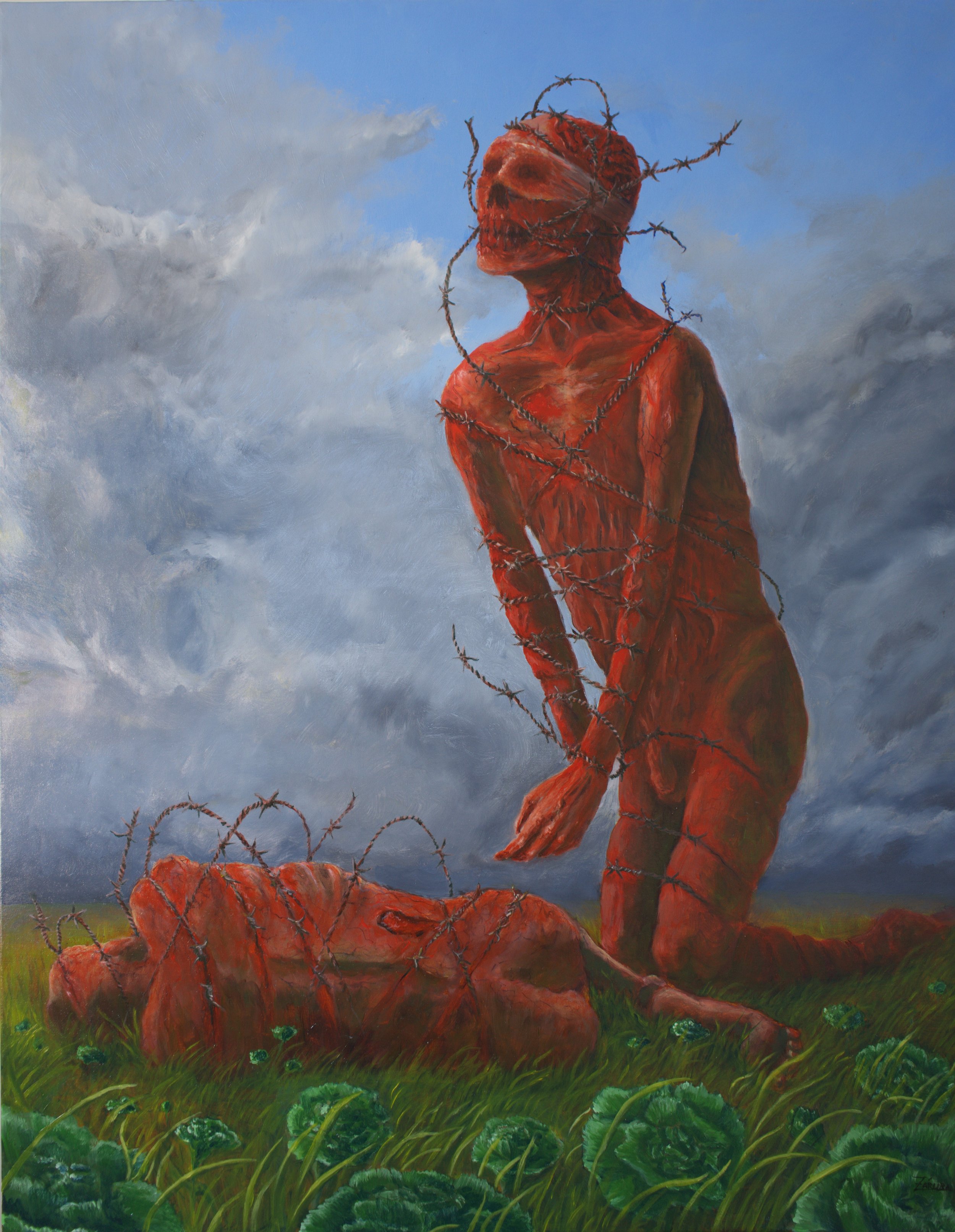 The freedom we all desire, imprisoned by a barbed wire - oil on canvas 80cm x 100cm