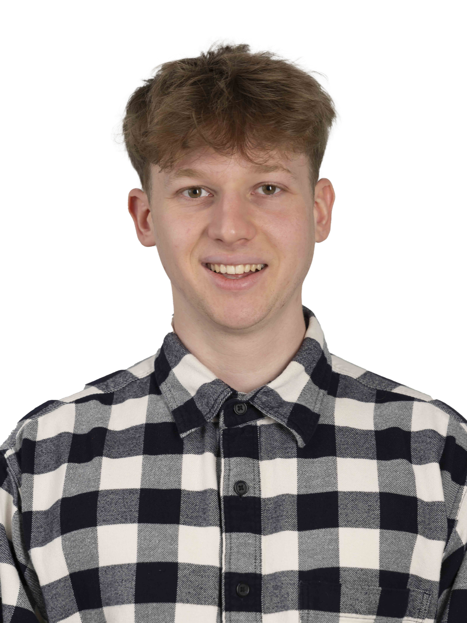 Young man in a light blue button-up shirt with a neutral expression against a white background.
