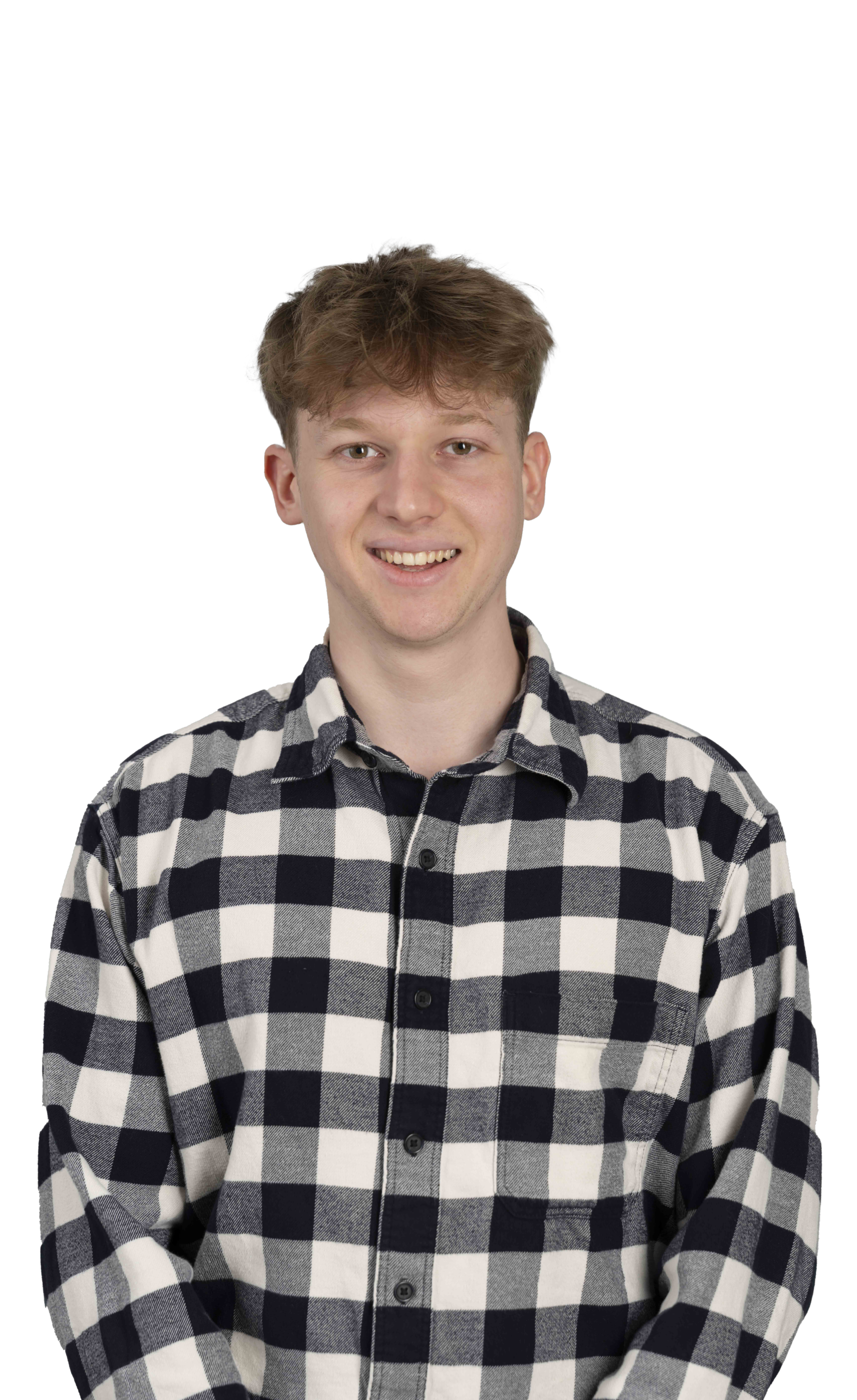 Young man in a light blue button-up shirt with a neutral expression against a white background.