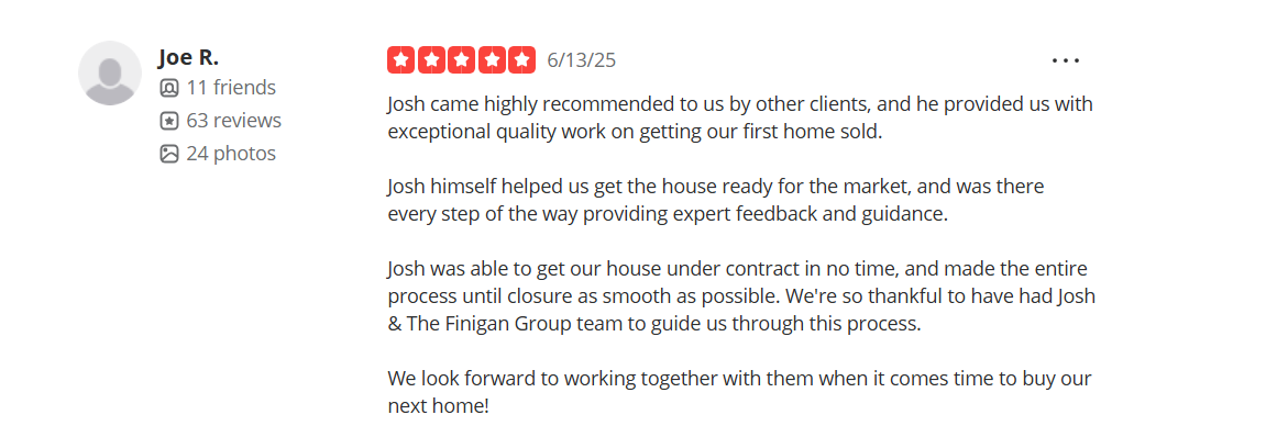 Screenshot of 5-star Yelp review for Josh Finigan regarding a home sale in Charlotte.