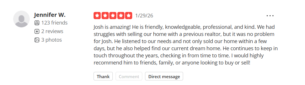 Screenshot of 5-star Yelp review for Josh Finigan regarding a Charlotte home sale in Charlotte.