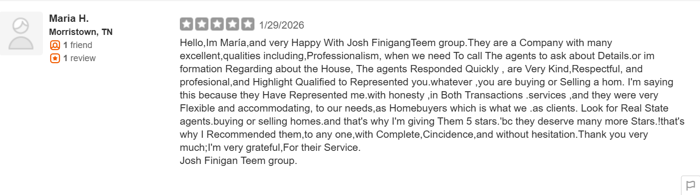 Screenshot of 5-star Yelp review for Josh Finigan regarding a home sale in Charlotte.