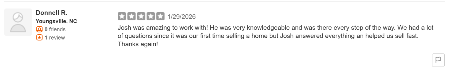 Screenshot of 5-star Yelp review for Josh Finigan regarding a home sale in Charlotte.