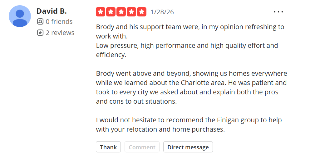 Screenshot of 5-star Yelp review for Josh Finigan regarding a home sale in Charlotte.