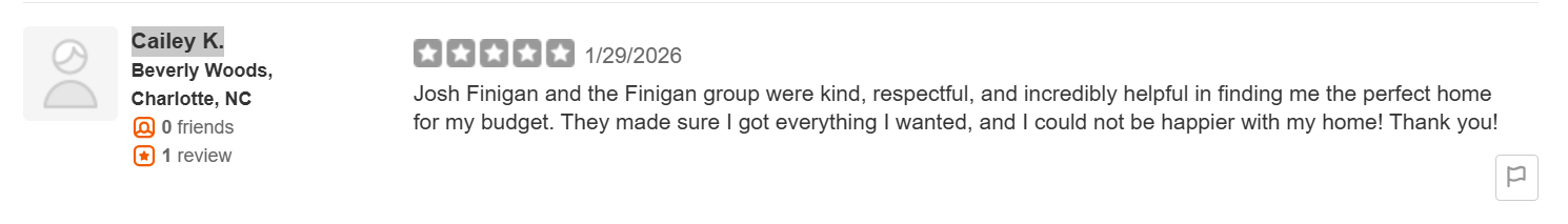 Screenshot of 5-star Yelp review for Josh Finigan regarding a home sale in Charlotte.