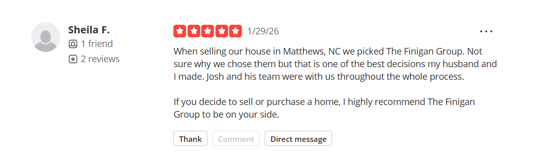 Screenshot of 5-star Yelp review for Josh Finigan regarding a home sale in Matthews.