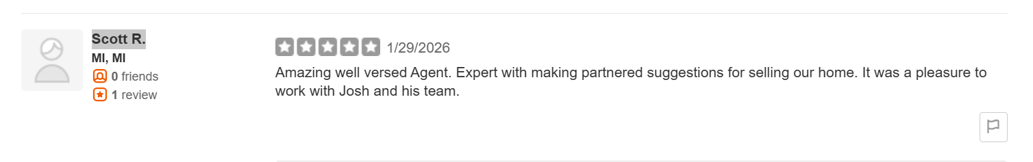 Screenshot of 5-star Yelp review for Josh Finigan regarding a home sale in Charlotte.