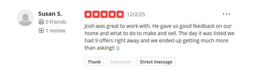 Screenshot of 5-star Yelp review for Josh Finigan regarding a home sale in Charlotte.