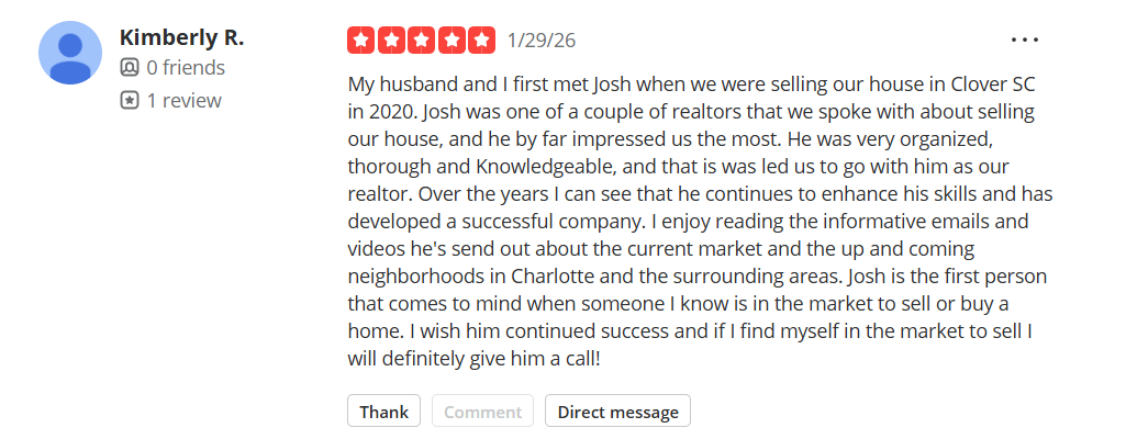 Screenshot of 5-star Yelp review for Josh Finigan regarding a Charlotte home sale in Charlotte.