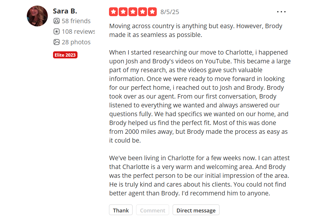 Screenshot of 5-star Yelp review for Josh Finigan regarding a home sale in Charlotte.