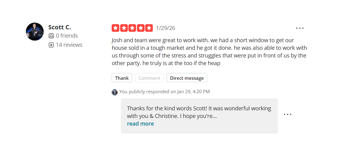 Screenshot of 5-star Yelp review for Josh Finigan regarding a home sale in Charlotte.