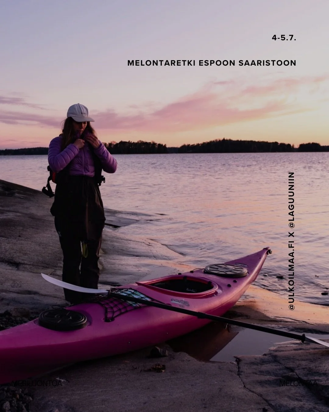 @ulkoilmaa.fi x @laguuniin Melontaretki 4-5.7.2026 @ Espoo &mdash; tervetuloa! <3

Yhden y&ouml;n melontaretki saaristoon on helposti saavutettava irtiotto, joka tuntuu suuremmaltakin seikkailulta. Saat my&ouml;s paljon oppia, jotta voit tehd&auml