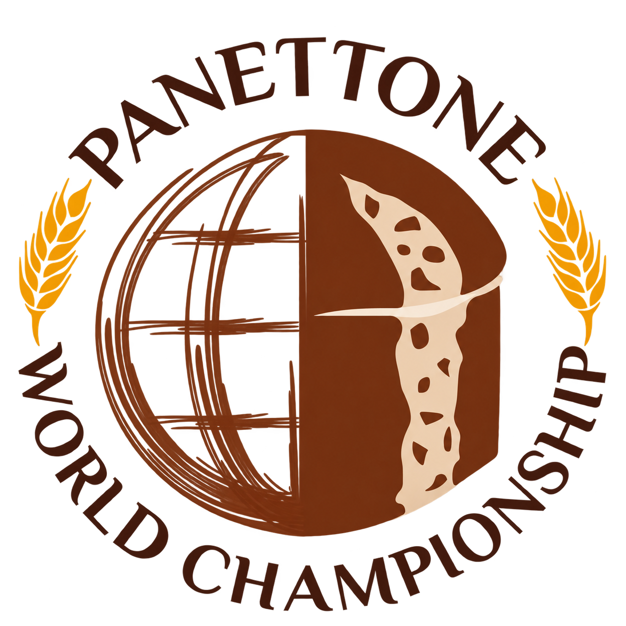 Logo of the Panettone World Cup, featuring a globe and a slice of panettone bread, with wheat ears on each side and the text 'Panettone World Cup' and 'Championship' around the circle.