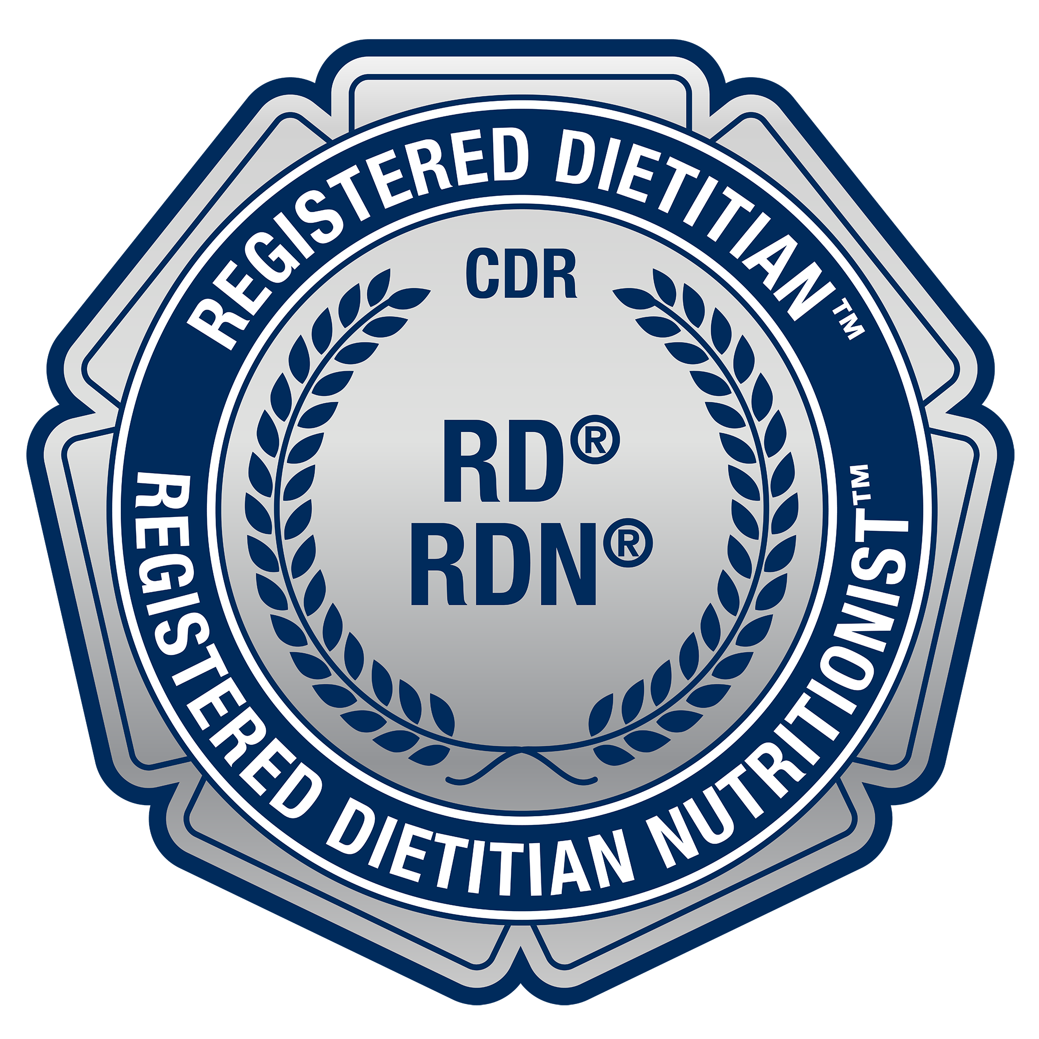 Seal or badge with text indicating registered dietitian credentials, including RD, RDN, and CDR, surrounded by a laurel wreath design.