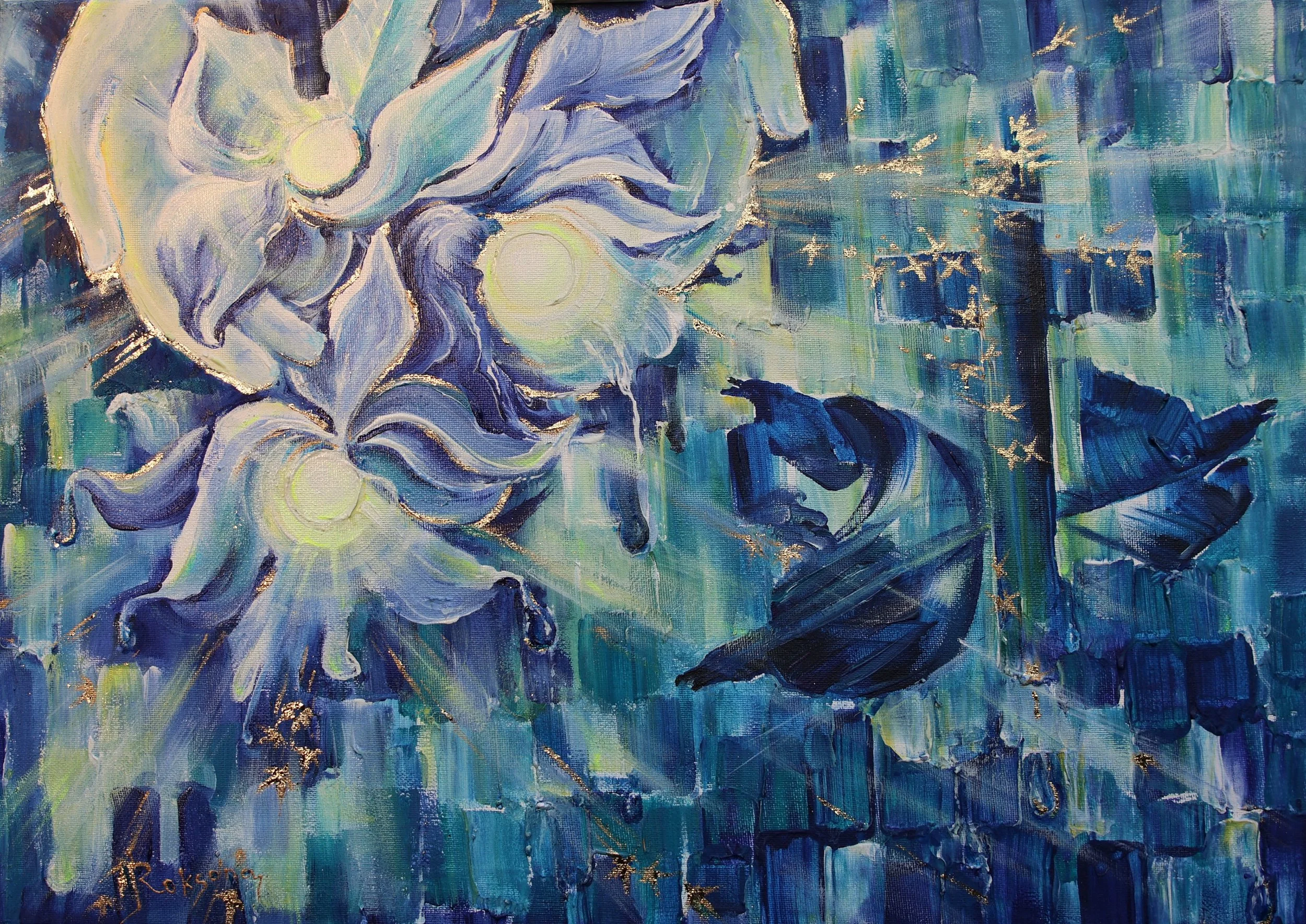 Rays of Hope canvas, acrylic, gold leaf 594 x 420 mm.