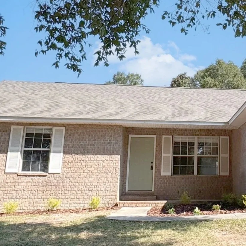 Front view of a brick house with a green door, two windows with white shutters, a concrete pathway, and a small garden with plants and mulch. A tree with green leaves is at the top, partly covering the sky.