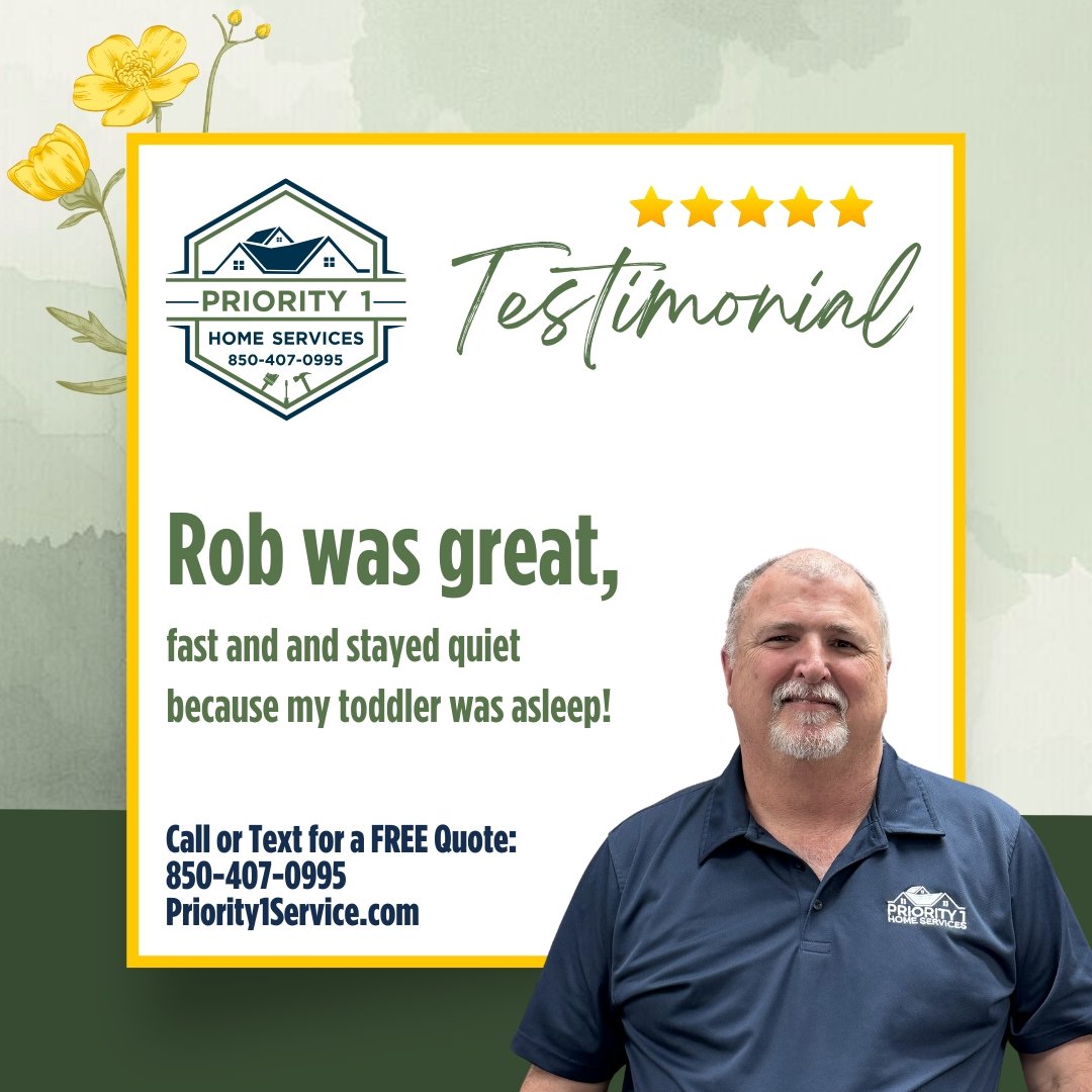 Testimonial for Priority 1 Home Services featuring a smiling man in a blue polo shirt with the company's logo, providing a positive review about Rob, highlighting quick and quiet service for a toddler, with contact information and website details.