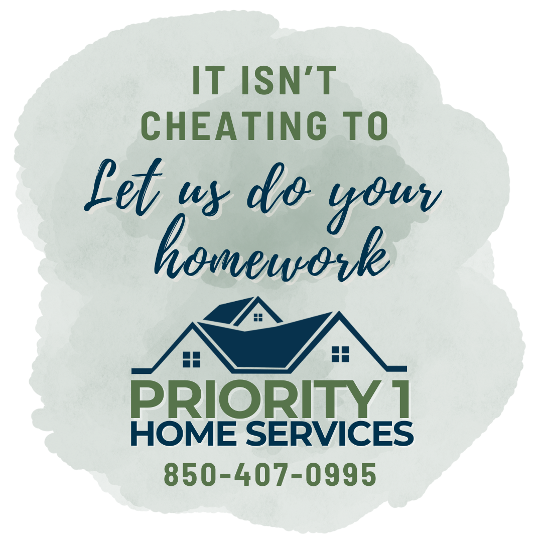 A circular decal promoting Priority 1 Home Services with the slogan 'It isn't cheating to let us do your homework,' the company's phone number 850-407-0995, and an illustration of a house.