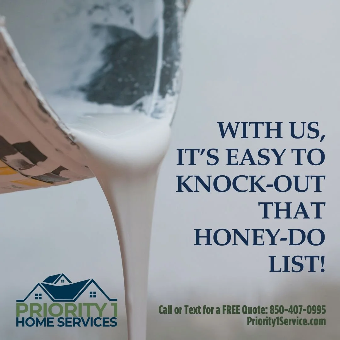 A close-up of honey being poured from a jar with a background of a plain light surface. The text overlay reads: 'With us, it's easy to knock-out that honey-do list!' At the bottom, there is the logo for Priority Home Services and a call-to-action for a free quote with a phone number and website.