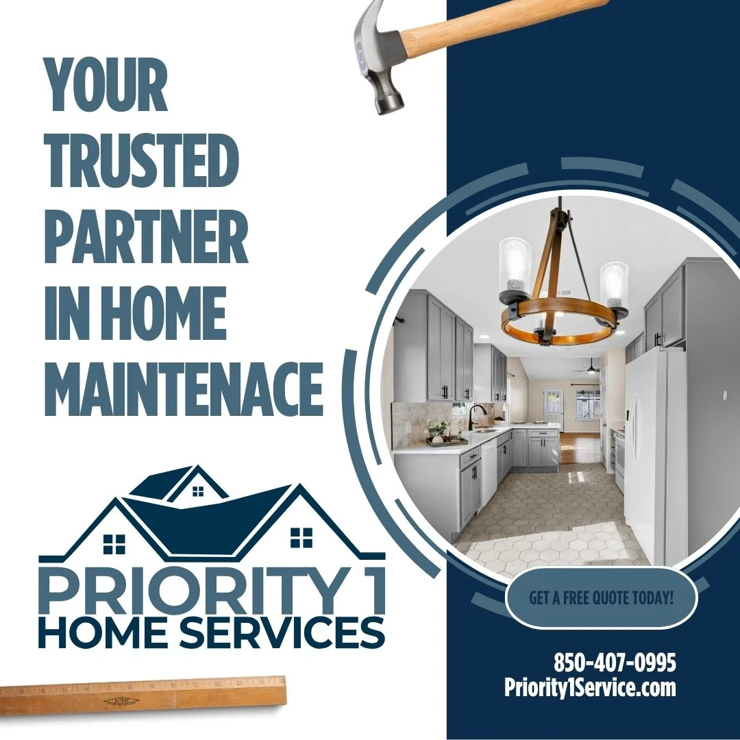 Flyer for Priority Home Services offering home maintenance. Features a photo of a kitchen with gray cabinets, white appliances, and a chandelier. Includes text: 'Your trusted partner in home maintenance', contact info, and a call to action for a free quote.