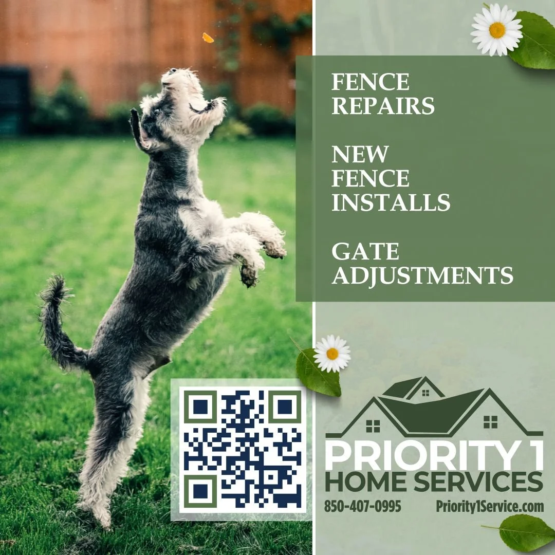 A dog jumping on its hind legs in a backyard with a wooden fence, next to an advertisement for home services including fence repairs, new fence installs, and gate adjustments.